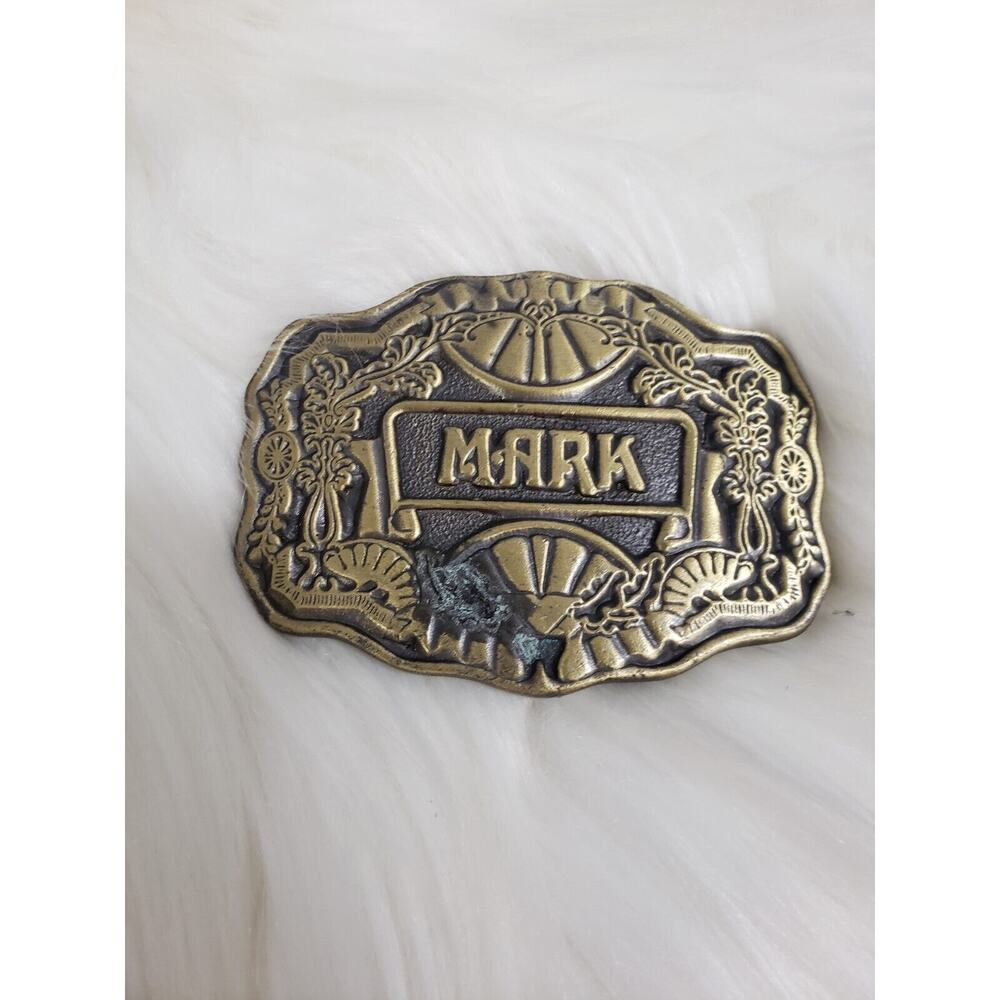Vintage 1970s Belt Buckle Marked MIKE Oden Western Style Scalloped Edge Brass‎